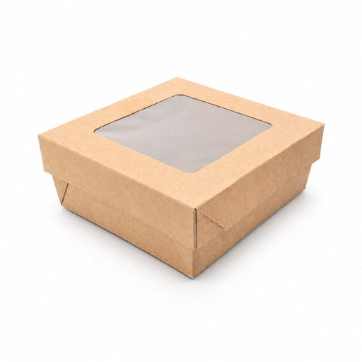 Boite Kray carrée carton brun avec couvercle à fenêtre 13,5 cm x 13,5 cm H 5 cm - 25 unités