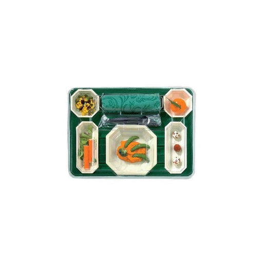 Plateau repas en plastique vert à un couvercle transparent à 7 compartiments et 5 éléments octogon 44 cm x 32,5 cm x 5 cm - 50 unités
