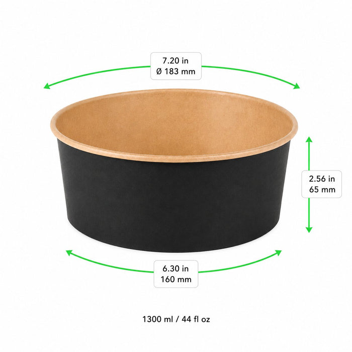 Saladier rond "Buckaty" en carton kraft noir - 1300 ml - Ø 18,3 cm - H 6,5 cm - dimensions