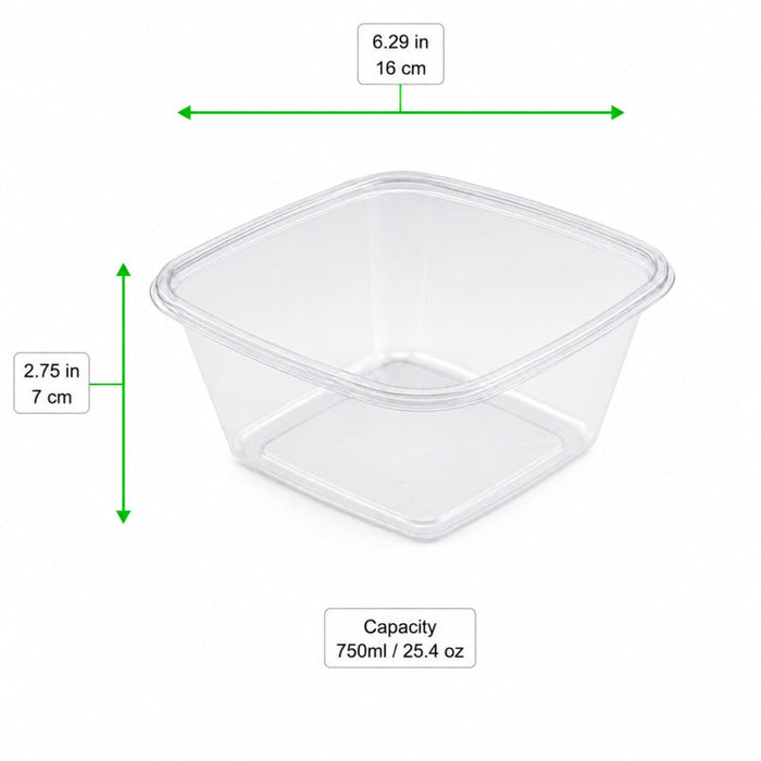 Saladier carré plat en PET transparent sans couvercle - 750 ml - 19 cm x 19 cm - H 4,5 cm - 300 unités
