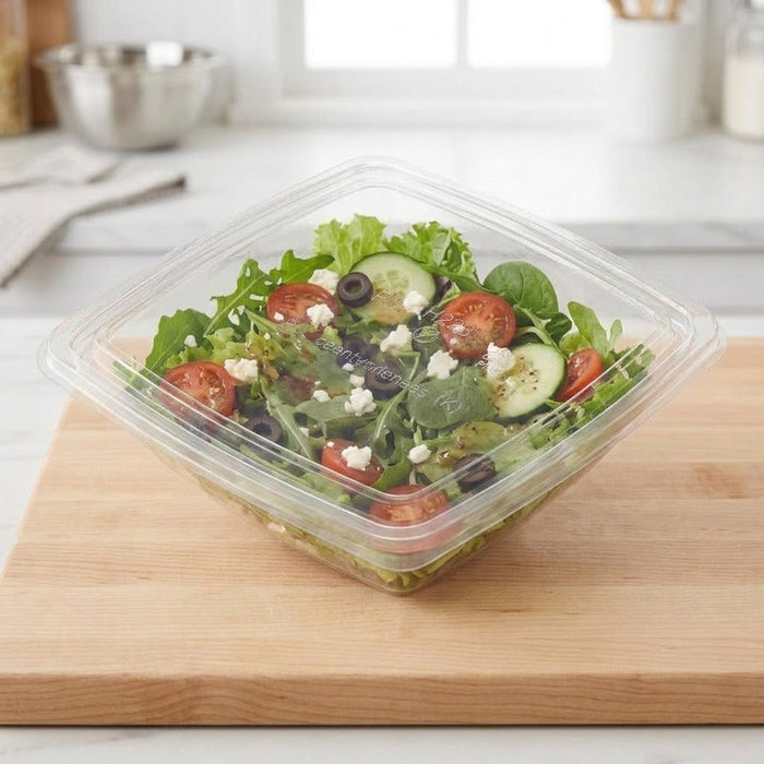 Saladier carré plat en PET transparent sans couvercle - 750 ml - 19,5 cm x 19,5 cm - H 4,6 cm - 300 unités