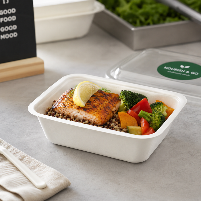 Barquette scellable blanche en pulpe laminée PLA - 950 ml - 19 cm x 13,7 cm x 5,5 cm - 100 unités