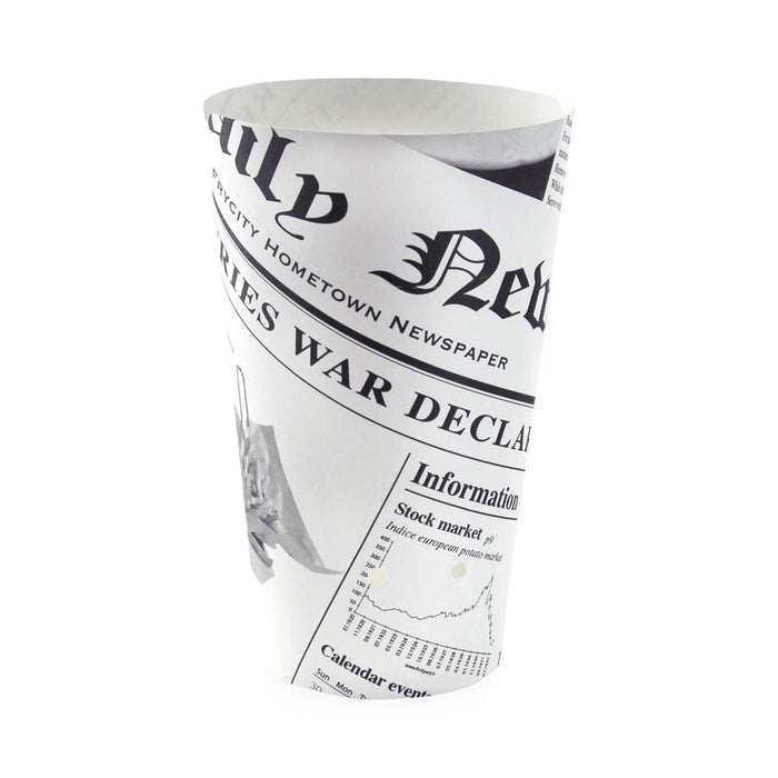 Gobelet carton snack refermable perforé blanc décor "Journal" - 480 ml - Ø 8,8 cm - H 15,7 cm - 50 unités