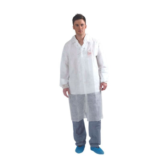 Blouse pour visiteur en non tissé blanc d'épaisseur 40G/M², avec des boutons pression - 100 unités