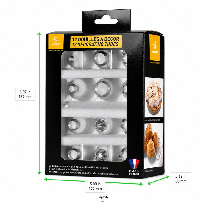 Coffret de 12 douilles à décor en copolyester transparent - dimensions