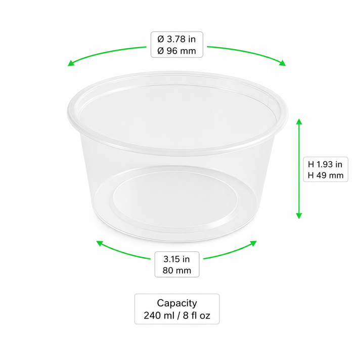 Pot "Deli" rond en PP injecté transparent - 240 ml - Ø 9,6 cm - H 4,9 cm - 50 unités