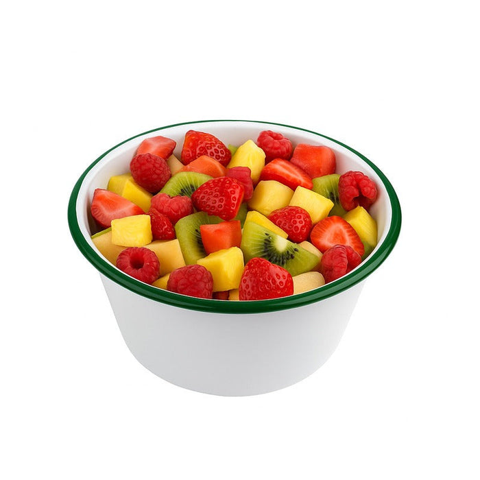 Enamel bol profond bords droits acier emaillé blanche /bord vert - 1500 ml - Ø 18 cm - H 9 cm - 12 unités