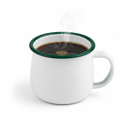 Enamel mug acier emaillé blanche /bord vert - 150 ml - Ø 8 cm - H 6 cm - 12 unités