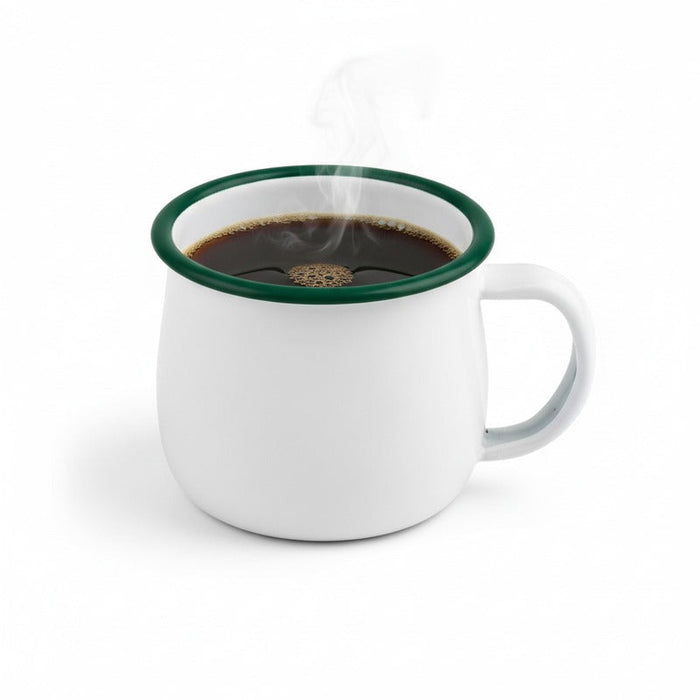 Enamel mug acier emaillé blanche /bord vert - 150 ml - Ø 8 cm - H 6 cm - 12 unités