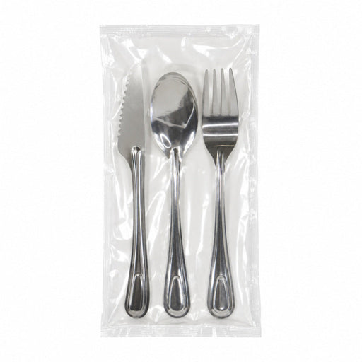 Kit couverts 23 cm en inox 4/1 "Noxcut" : couteau fourchette cuillère à soupe serviette, emballage papier - 250 unités