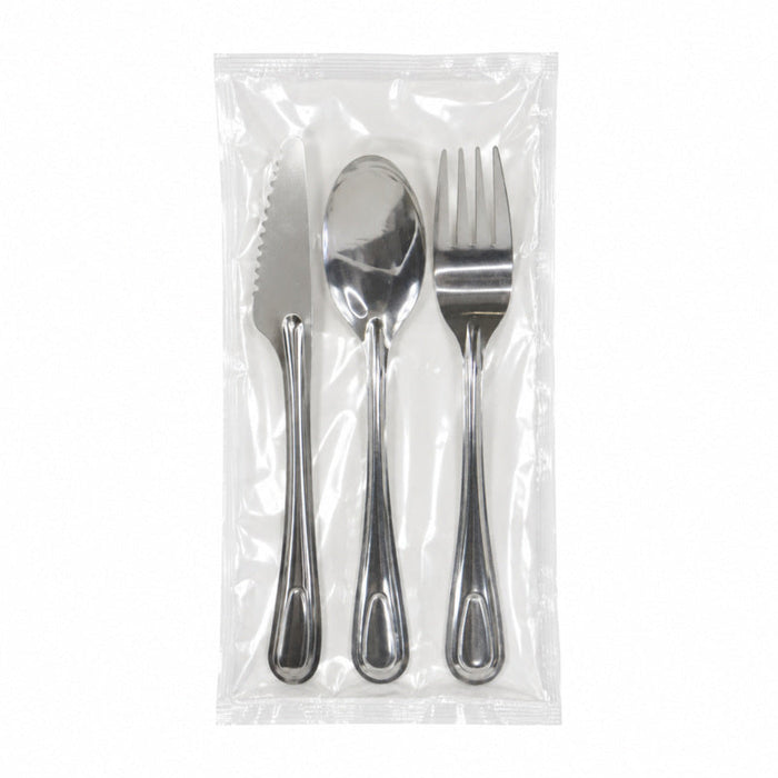 Kit couverts 23 cm en inox 4/1 "Noxcut" : couteau fourchette cuillère à soupe serviette, emballage papier - 250 unités