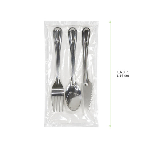 Kit couverts 23 cm en inox 4/1 "Noxcut" : couteau fourchette cuillère à soupe serviette, emballage papier - 250 unités