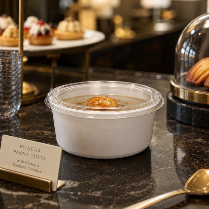 Pot à sauce rond blanc avec couvercle plat transparent - 120 ml - Ø 7,4 cm - H 4,5 cm - ambiance