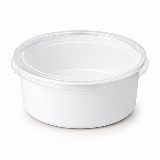 Pot à sauce rond blanc avec couvercle plat transparent - 120 ml - Ø 7,4 cm - H 4,5 cm