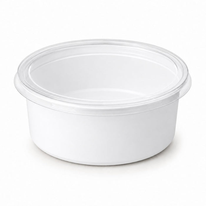 Pot à sauce rond blanc avec couvercle plat transparent - 120 ml - Ø 7,4 cm - H 4,5 cm