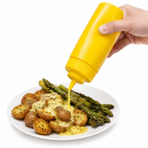 Squeezer souple jaune 1 embout, plastique BPA free H 26 cm 630ml - 6 unités