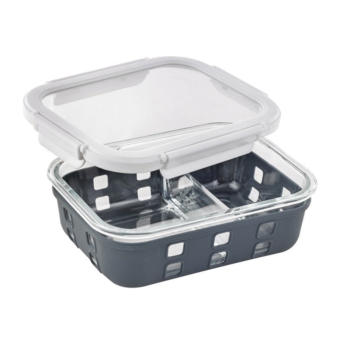 Boite rectangle en verre a/v compartiment+couv transp+protection silicone 19,8 cm x 14,8 cm H 6 cm - 12 unités