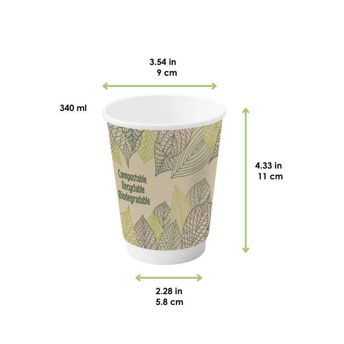 Gobelet carton double paroi PLA - 340 ml - Ø 9 cm - H 11 cm - 6 unités