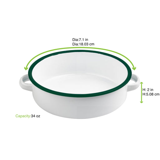 Enamel plat rond avec anses  acier emaillé blanche /bord vert 1000ml - diam180mm h50mm x 12pcs