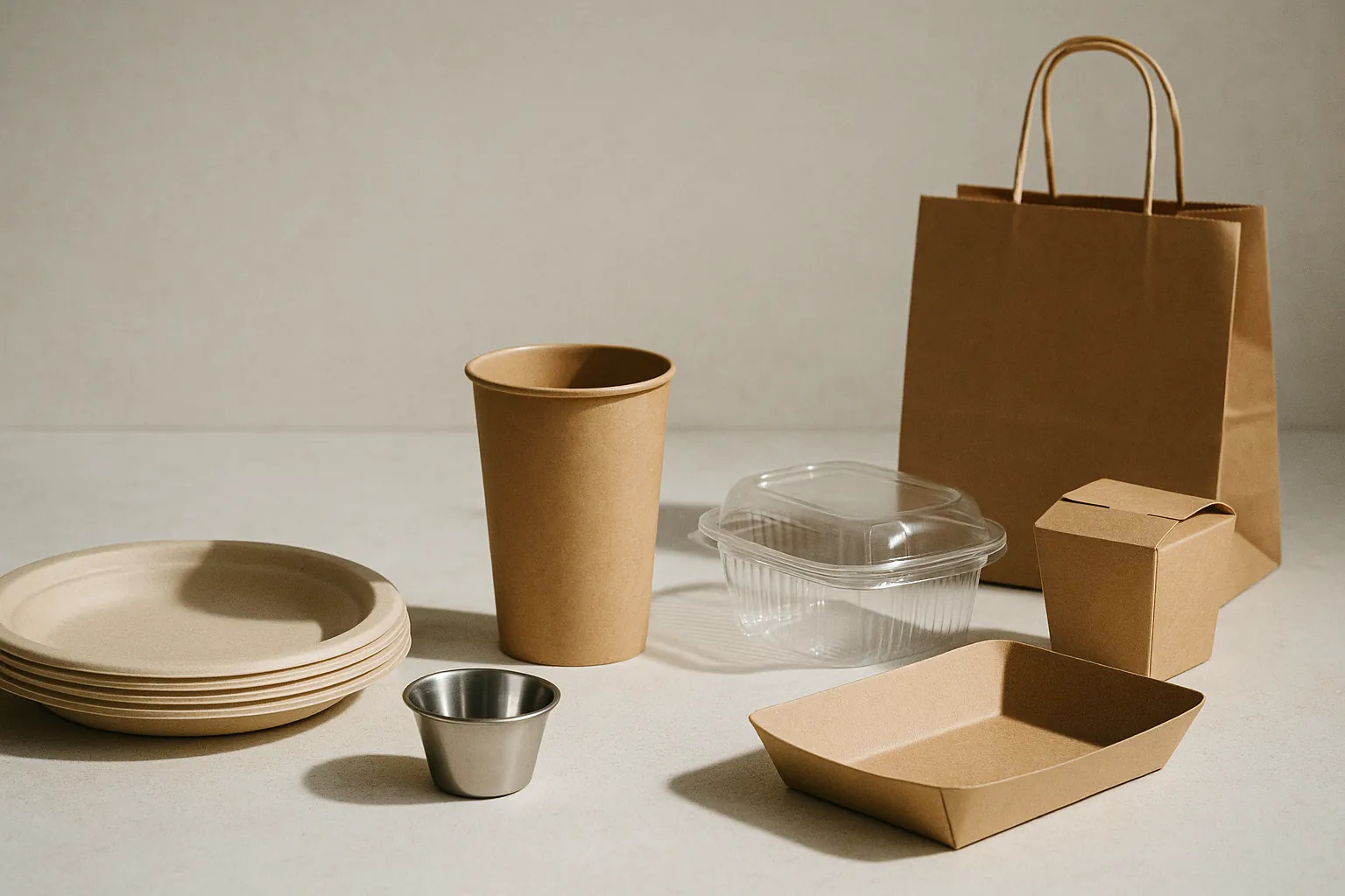 Emballages alimentaires professionnels kraft et verre sur fond clair épuré, ambiance restauration moderne et écoresponsable